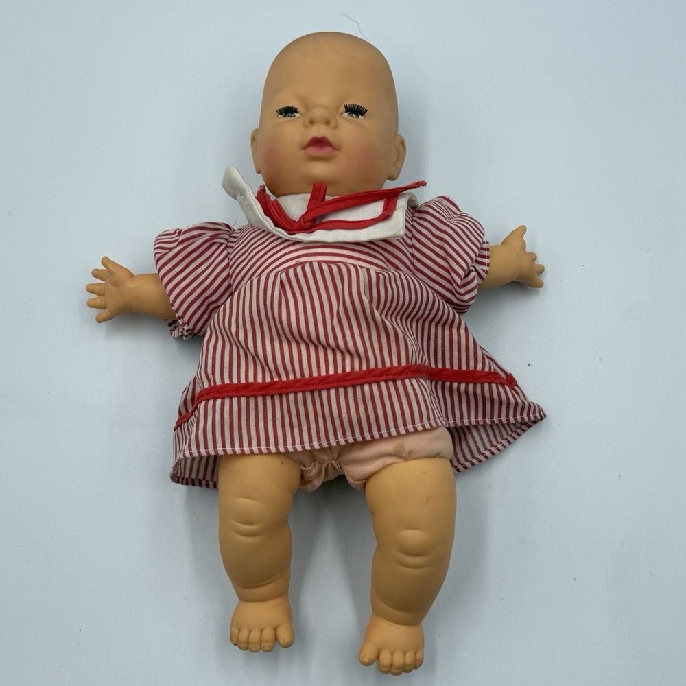 Vintage Uneeda Baby Doll 1970s 12" Hong Kong Sleep Eyes Red Stripe Dress